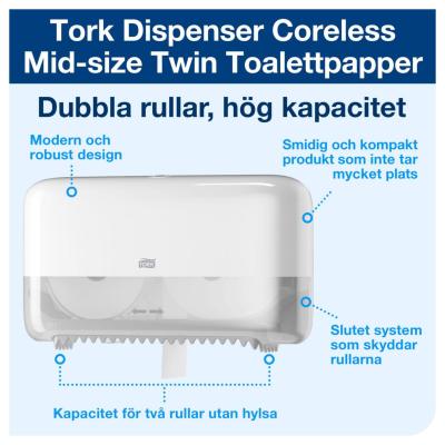 TORK TWIN CORELESS MID-SIZE TOILET ROLL DISPENSER T7